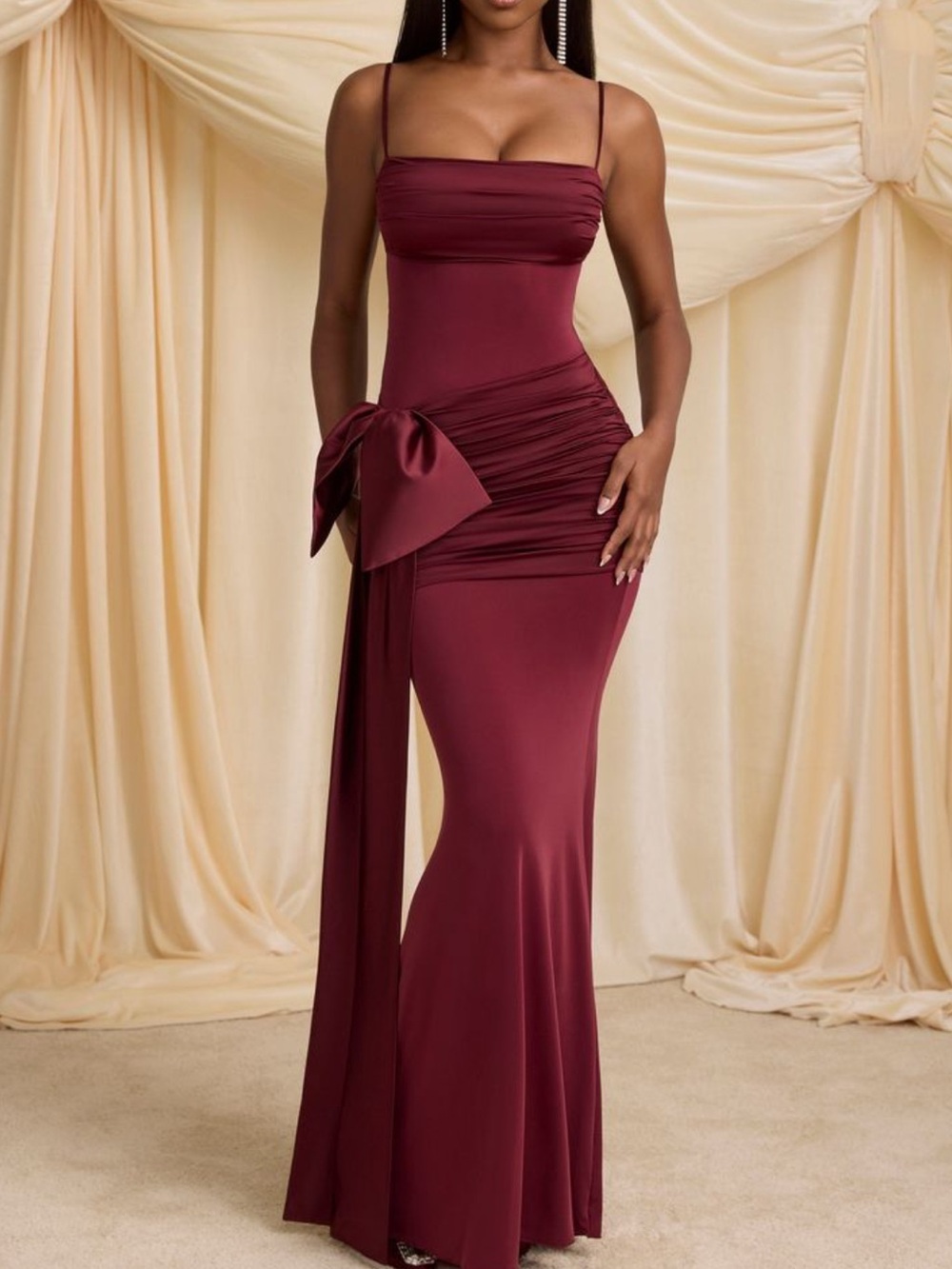 Oh Polly Wine Red Ruched Maxi Dress with Side Bow